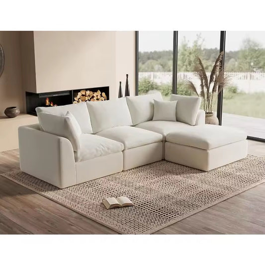 White Cloud Sofa, Convertible L-Shape Couch with Ottoman