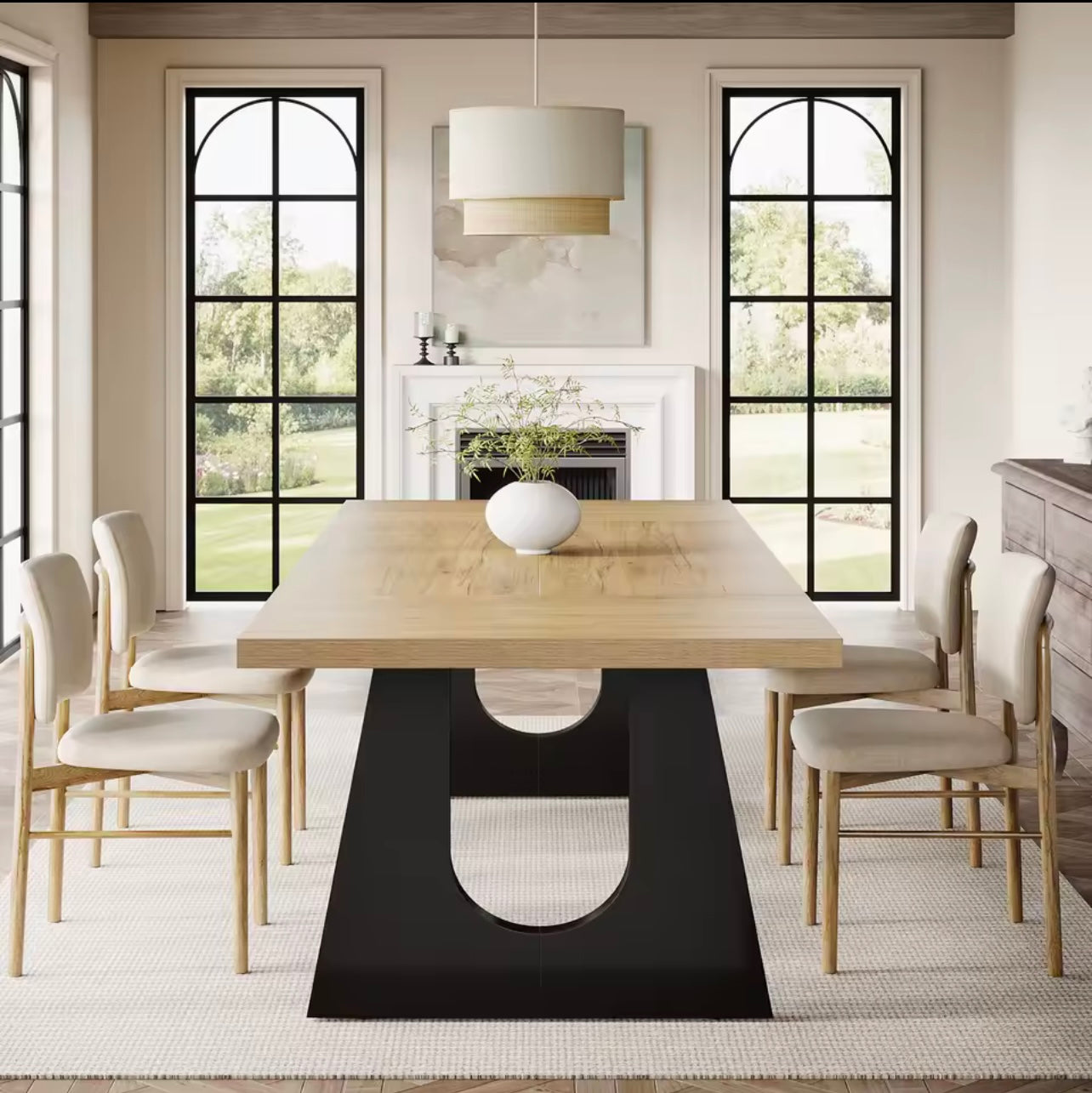 70.9” Oak and Black Large Modern Dining Table for 6-8 People