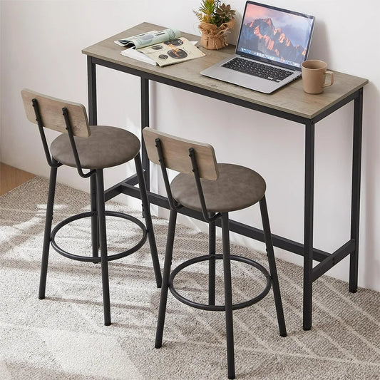 Grey Bar Table Set with 2 Upholstered Stools