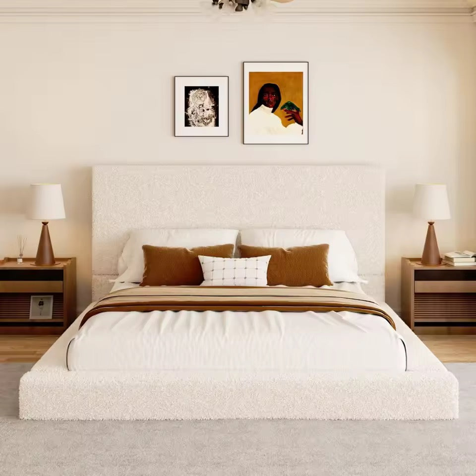 Boucle Upholstered Cloud Platform Bed with 47.2” Tall Headboard