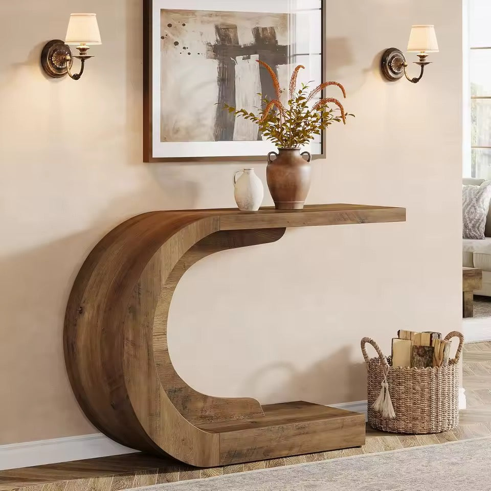43.3” C-Shaped Console Table with Storage, Rustic Entryway Sofa Table