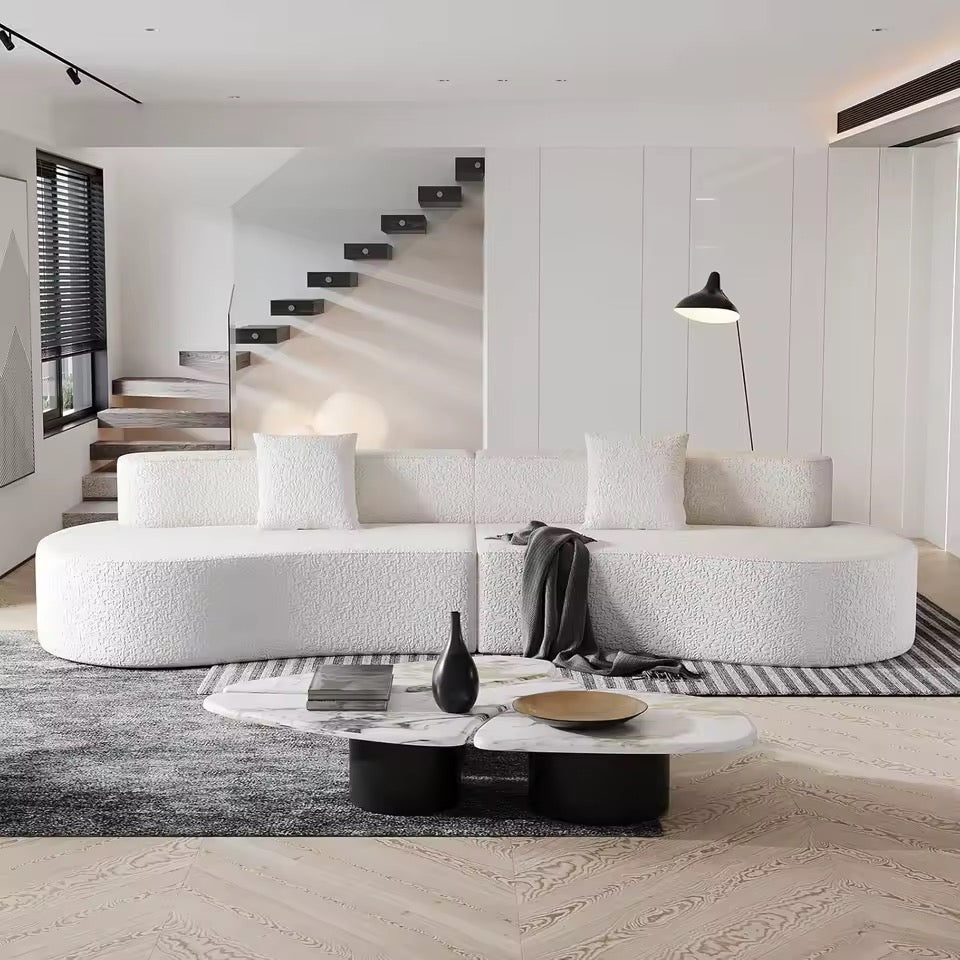 White Curved Sofa, 4 Seater Chenille Boucle Couch with Throw Pillows