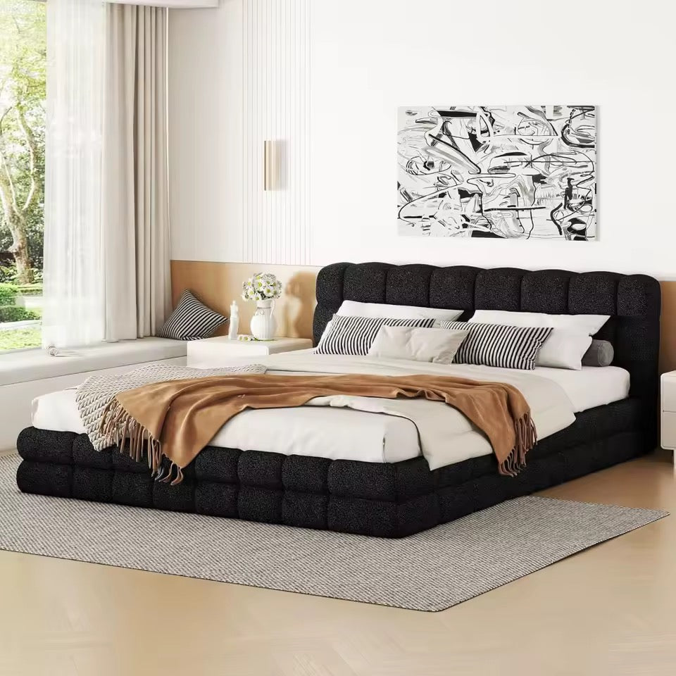 Queen Upholstered Thick Teddy Fabric Grounded Platform Bed