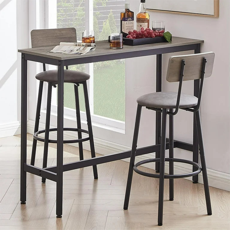 Grey Bar Table Set with 2 Upholstered Stools
