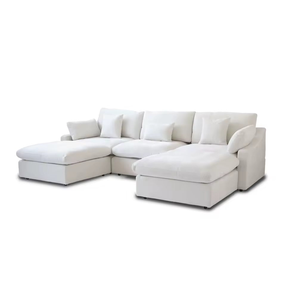 120” L-Shaped White Sectional Sofa, Modular Couch with Ottoman