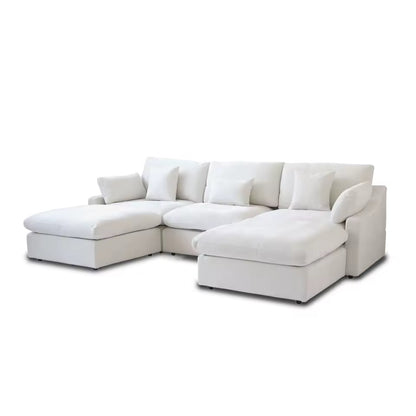 120” L-Shaped White Sectional Sofa, Modular Couch with Ottoman