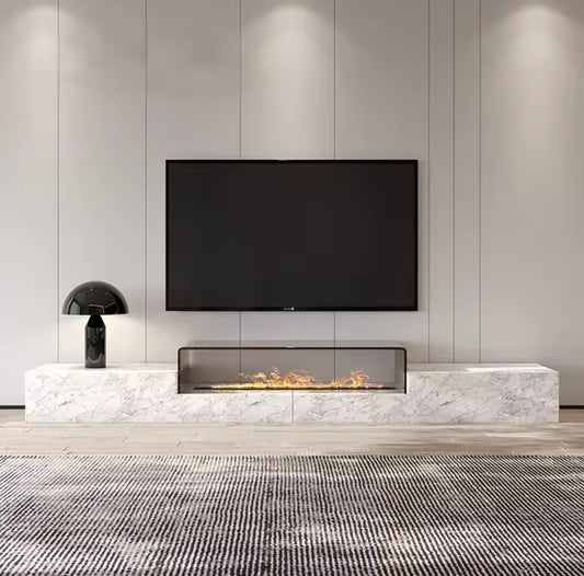 Italian Minimalist Marble TV Stand Set with Heat-Bent Glass & 3D Fireplace