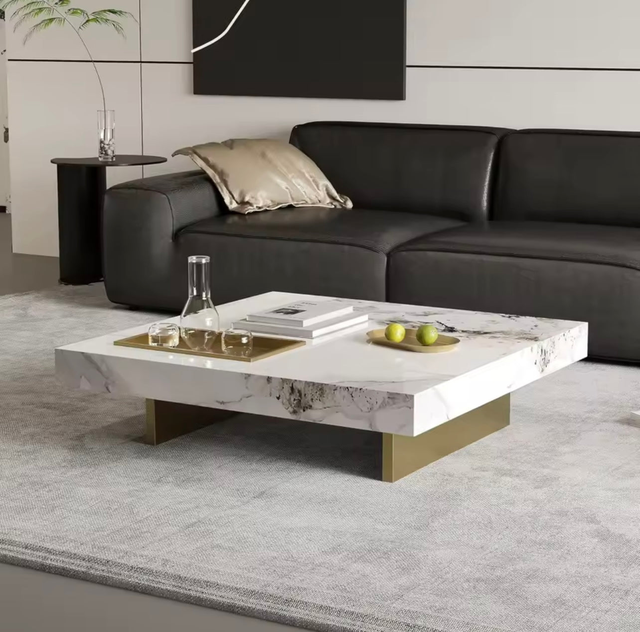 42” Square Marble Coffee Table with Gold Stainless Steel Base, White