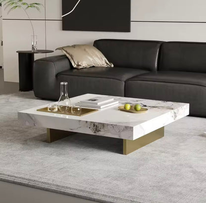 42” Square Marble Coffee Table with Gold Stainless Steel Base, White