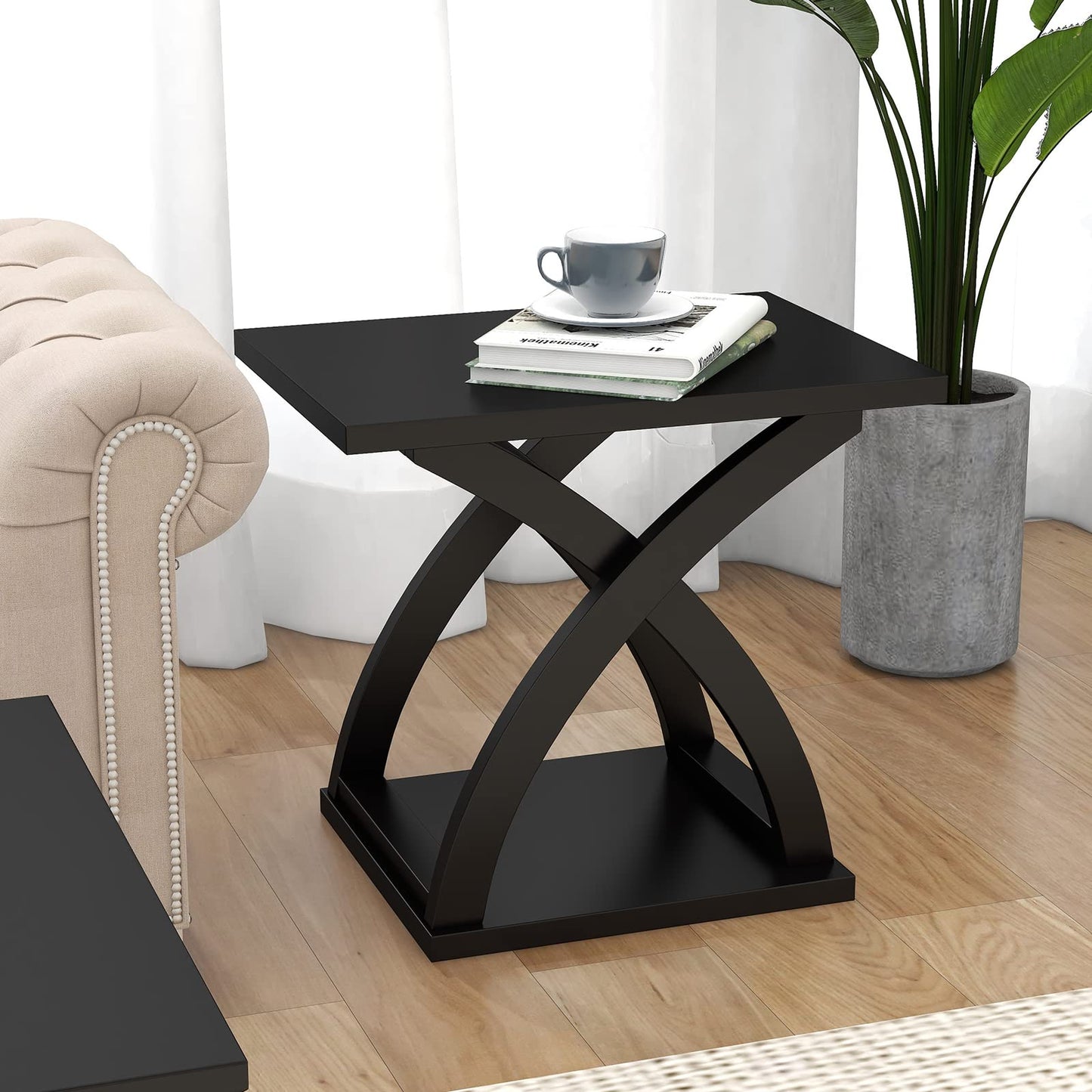 Modern Black X-Design End Table with Shelf