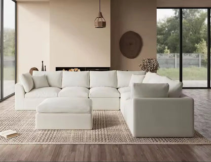Large Convertible Warm White Sectional Sofa with Ottoman, Seats 7