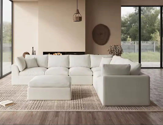Large Convertible Warm White Sectional Sofa with Ottoman, Seats 7