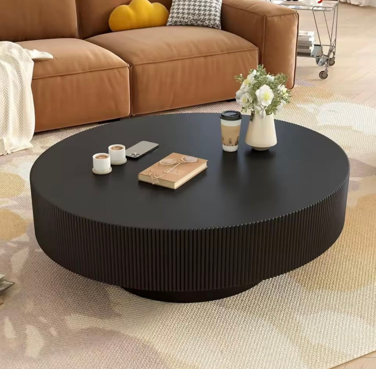Modern Round Coffee Table, 31.5” Wood Center Table, Black