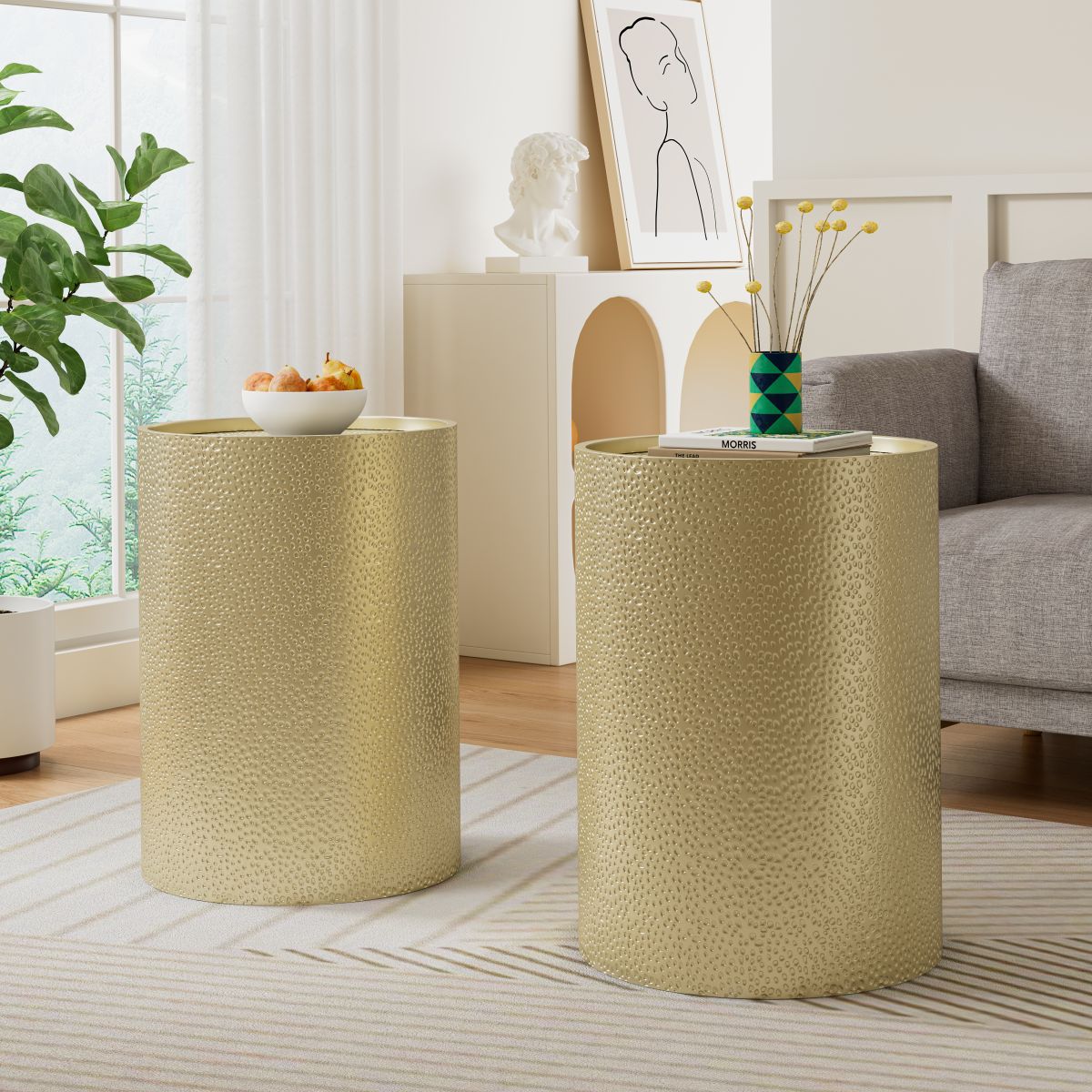 Set of 2 Gold Side Tables, Accent Table with Hammered Surface