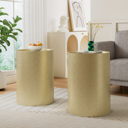 Set of 2 Gold Side Tables, Accent Table with Hammered Surface