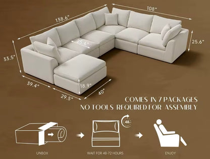Large Convertible Warm White Sectional Sofa with Ottoman, Seats 7