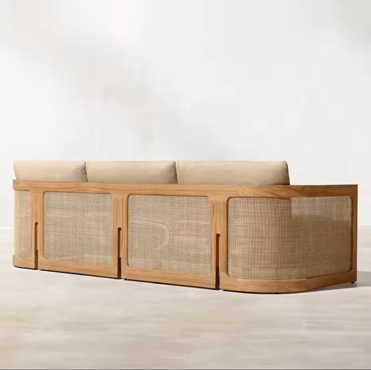 Teak & Rattan Outdoor Sofa Set, Weatherproof & Quick-Dry Cushions
