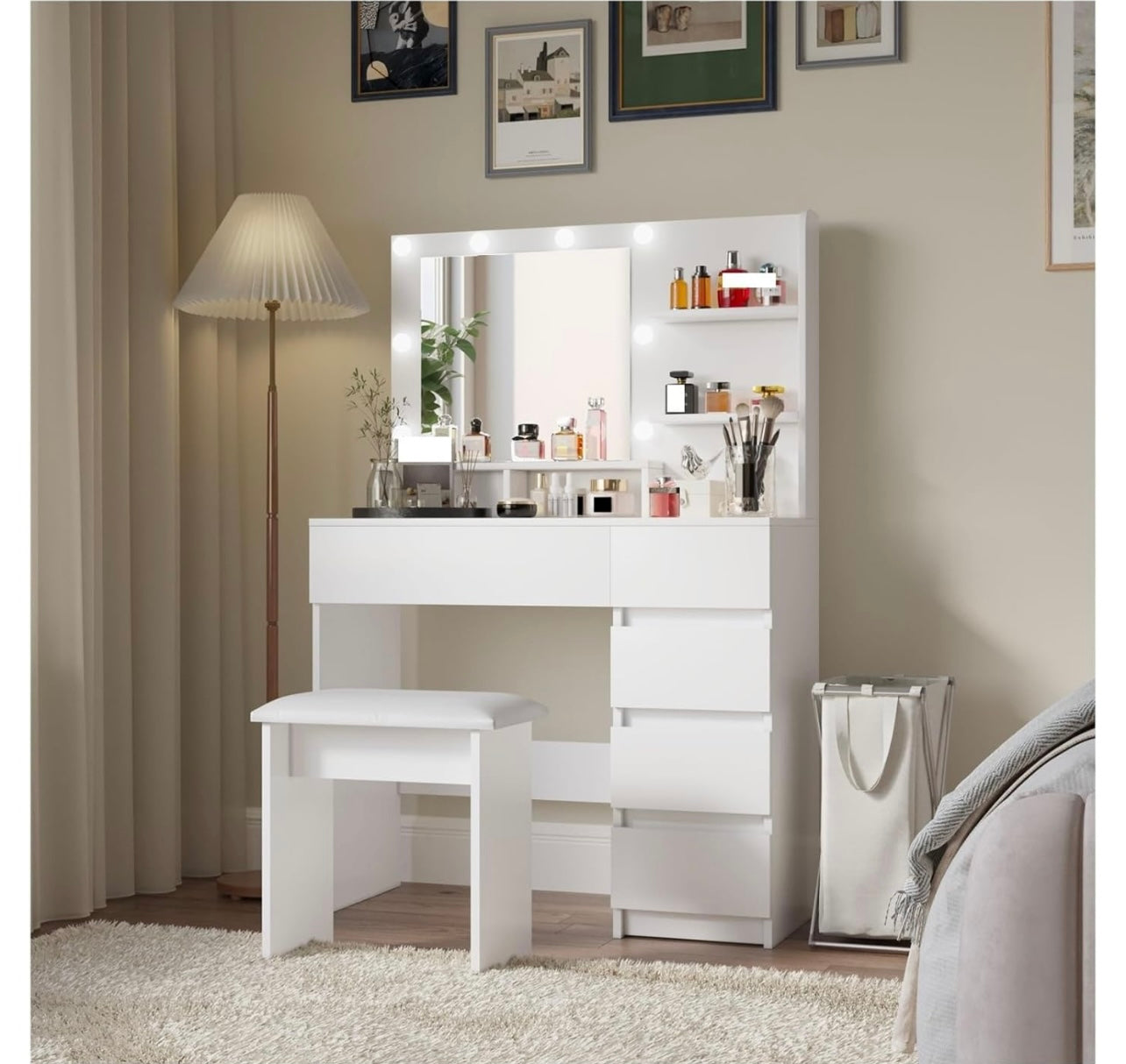 Vanity Mirror with Lights - White Makeup Vanity and Stool