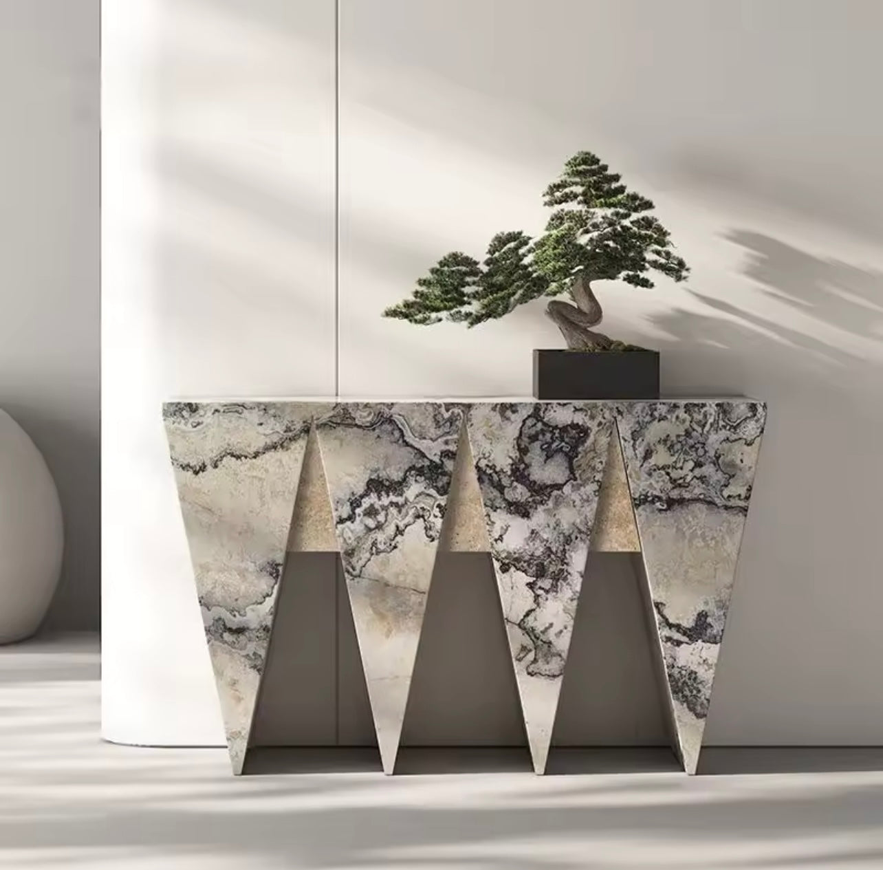 Italian Marble Stone Entryway Table with Triangular Leg Design