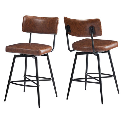 Set of 2 Swivel Counter Stools - 26" Brown Leather Counter Stools