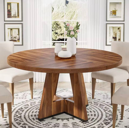 Farmhouse Round Dining Table, Rustic Wooden Kitchen Table for 4–6