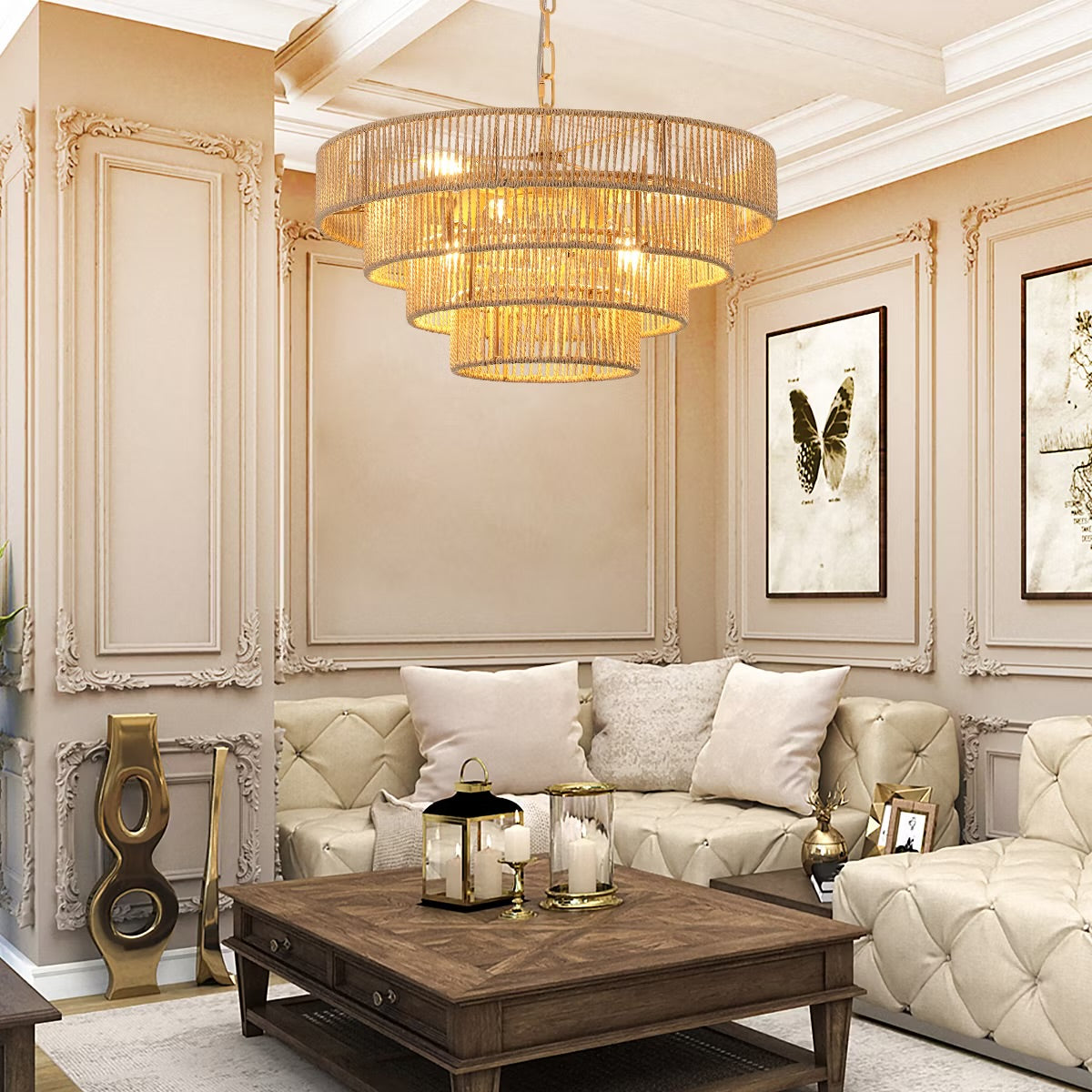 Rattan Chandelier – 4-Layer Farmhouse Pendant