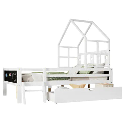 White House Bed for Kids Bedroom Kids Bed with Trundle & Ladder