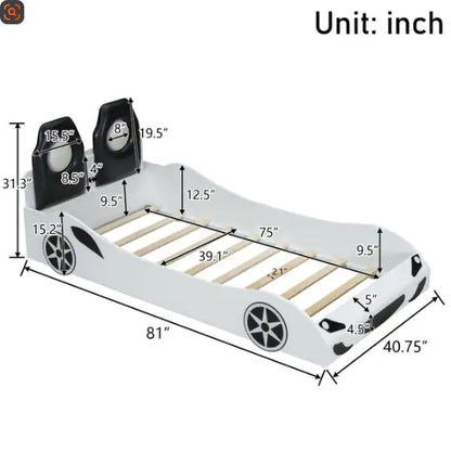 LED Race Car Bed, Twin Platform Bed with Upholstered Headboard