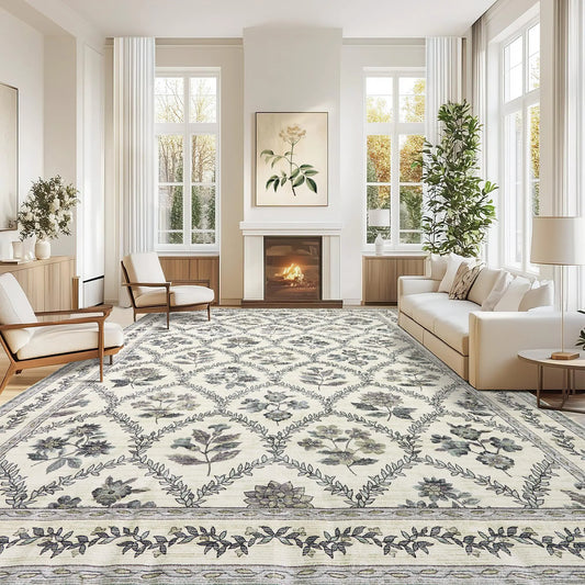 9x12 Large Rug - Non-Slip Green Boho Floral Rug for Living Room