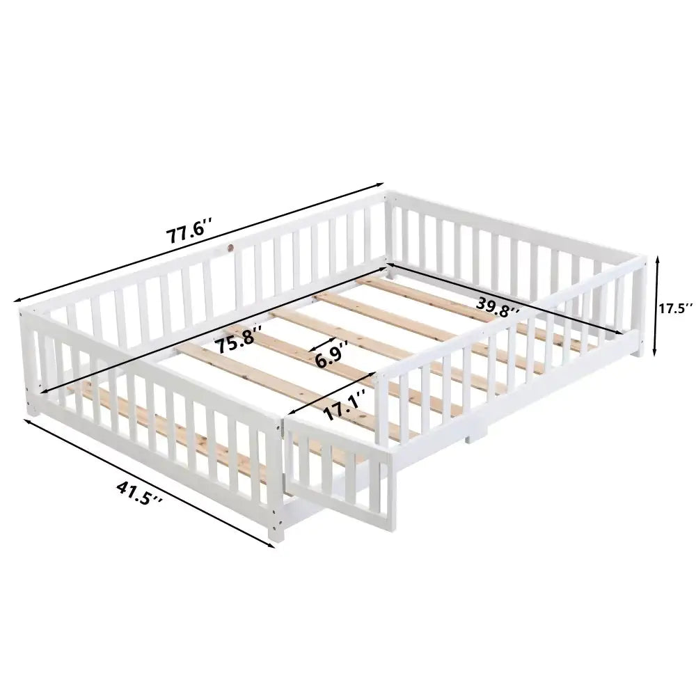 White Montessori Bed, Kids Floor Bed with Fence and Door
