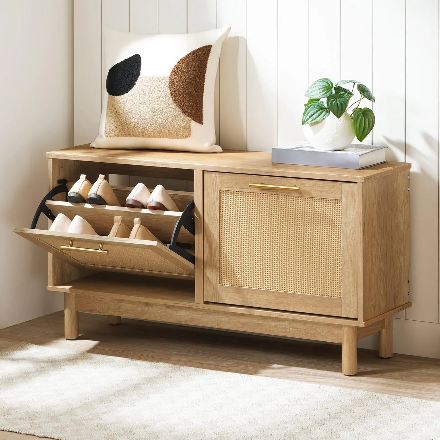 Rattan Style Shoe Bench with Flip Drawers