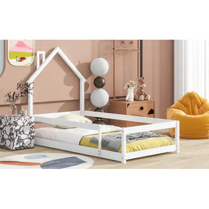 Twin Bed Frame - White Floor Bed for Toddlers - Kids House Bed