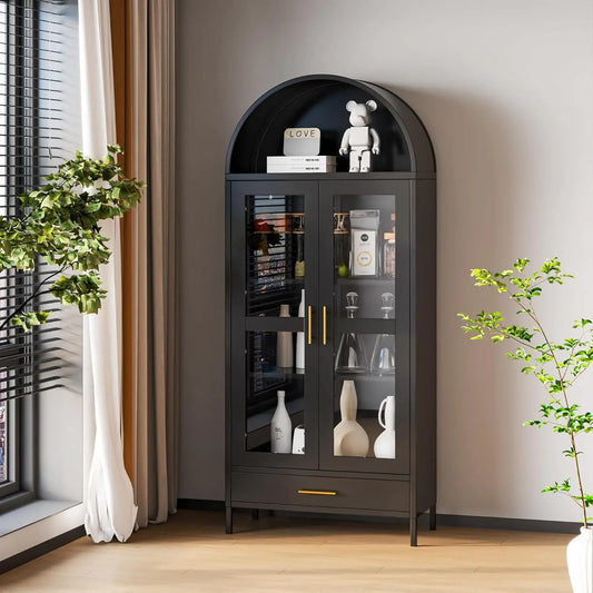 73” Tall Arched Display Cabinet, Modern Glass Door Bookcase