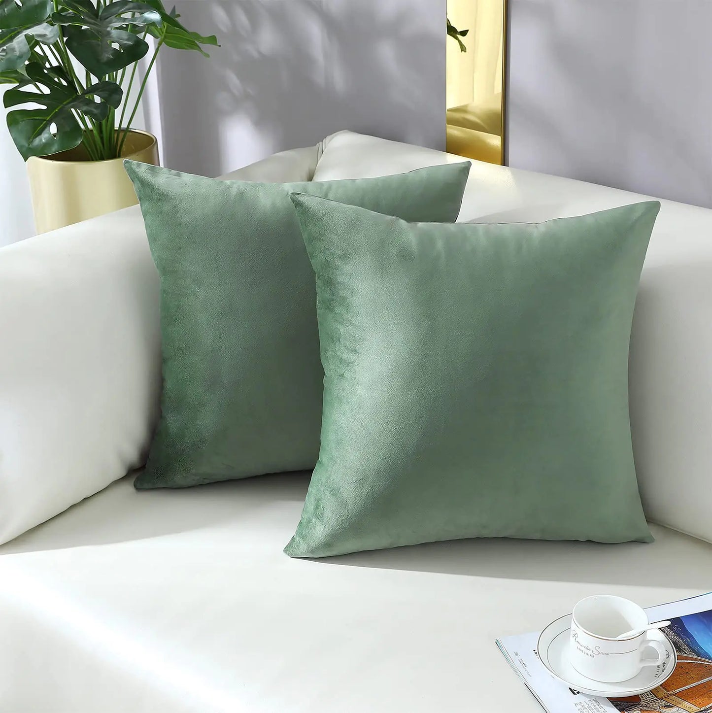 Set of 2 Sage Green Velvet Pillow Covers 14x14"