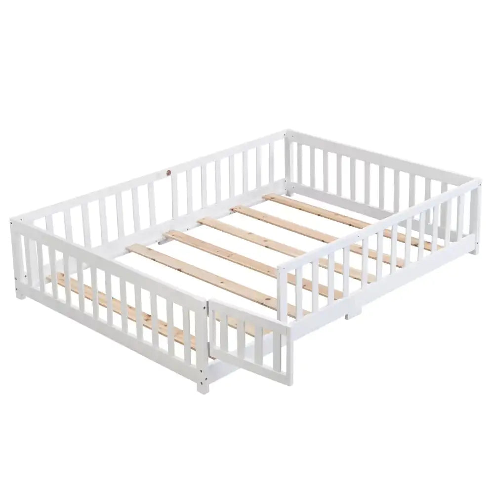 White Montessori Bed, Kids Floor Bed with Fence and Door