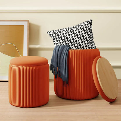 Orange Round Velvet Storage Ottoman Set