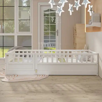 White Montessori Floor Bed, Toddler Bed with Safety Rails and Door