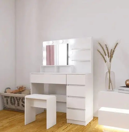 Vanity Table with Mirror & Stool, White Makeup Vanity with Lights