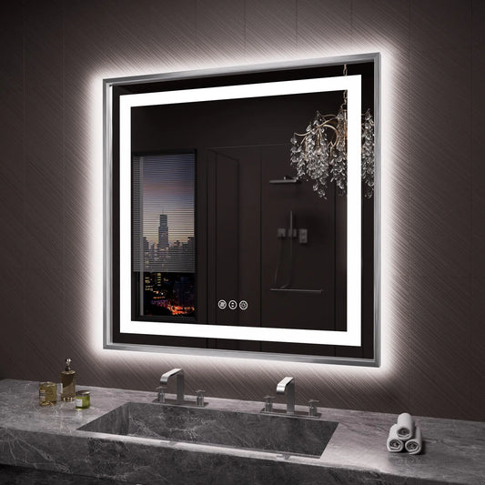 36”x36” Silver Bathroom Wall Mirror with Dimmable LED Lights