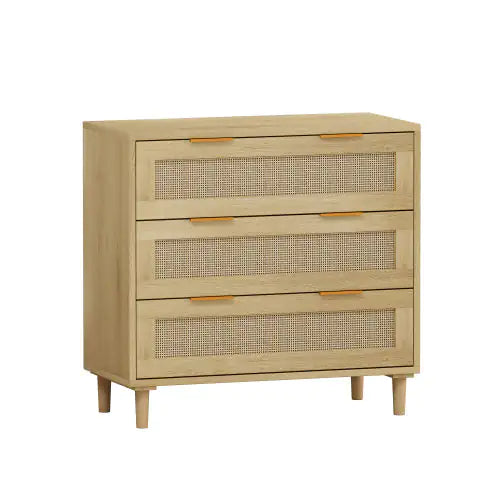 Modern 3 Drawer Rattan Storage Cabinet, Oak Bedroom Dresser
