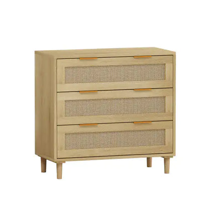Modern 3 Drawer Rattan Storage Cabinet, Oak Bedroom Dresser