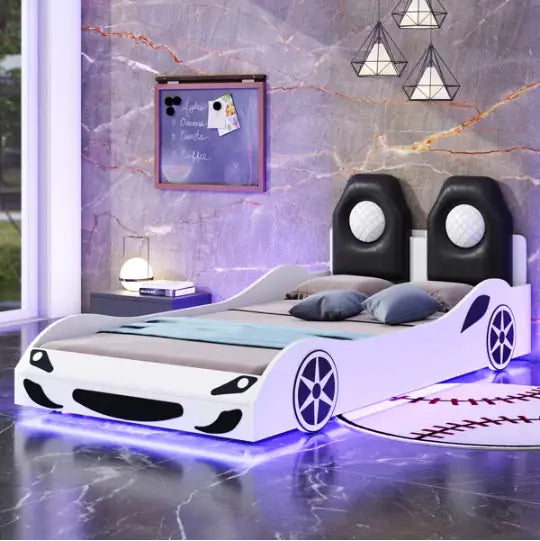 LED Race Car Bed, Twin Platform Bed with Upholstered Headboard