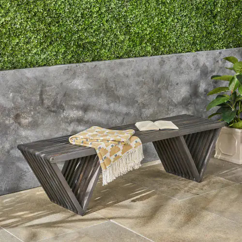 Dark Gray Outdoor Wooden Bench, Weather Resistant Patio Bench