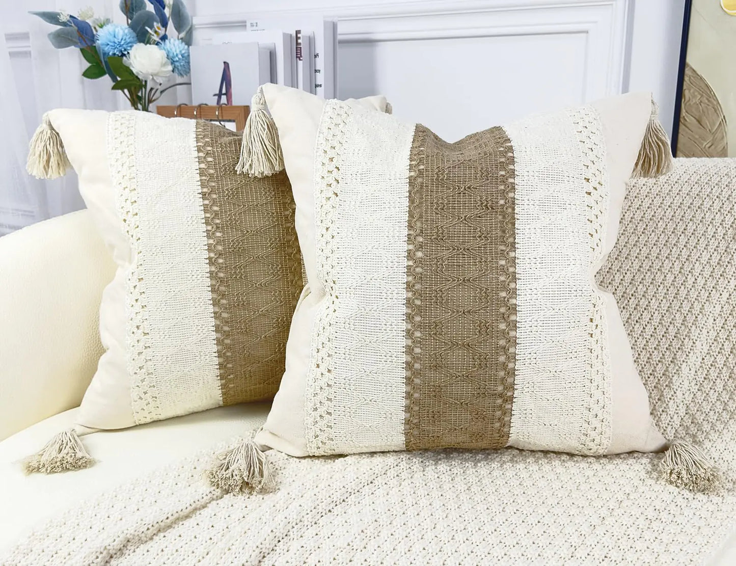 Boho Khaki 18x18 Tassel Pillow Covers Set