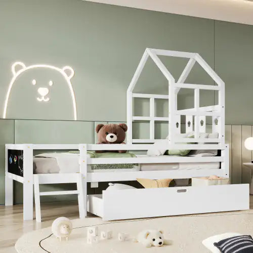 Kids House Bed with Storage Drawers & Blackboard Panels
