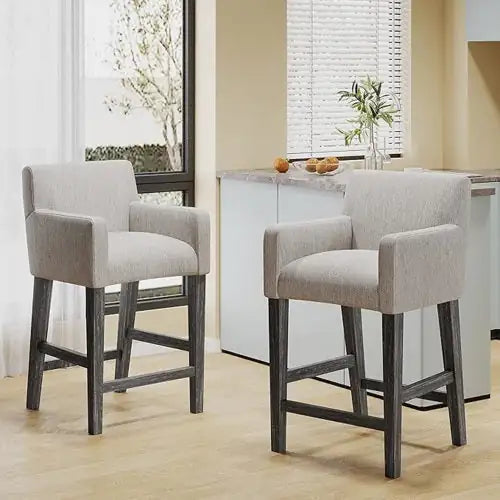 Set of 2 Upholstered Counter Stools, Fabric Bar Chairs with Armrests