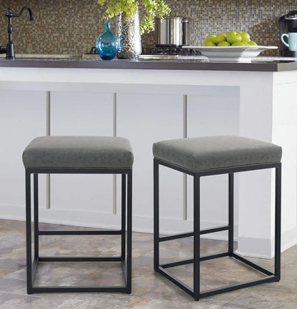 Set of 2 Leather Counter Height Stools - 24" Grey Backless Bar Stools