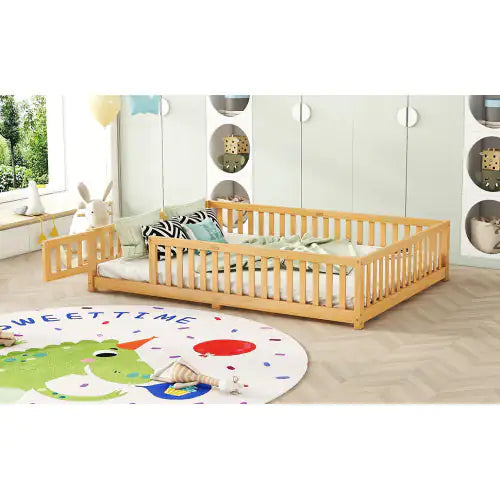Queen Floor Bed - Wood Bed Frame with Guardrails - Toddler Beds
