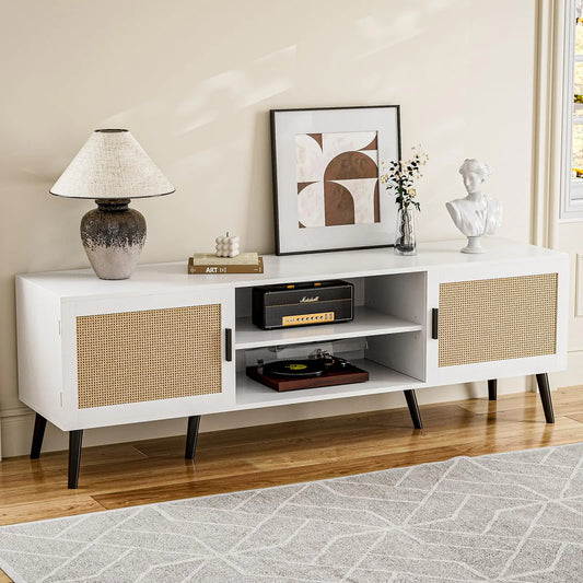 ZttRiee TV Stand for TVs up to 65 Mid Century Modern Entertainment Center with Rattan Door Shelves & 2 Cabinets Boho Media TV Console for Living Room Bedroom White