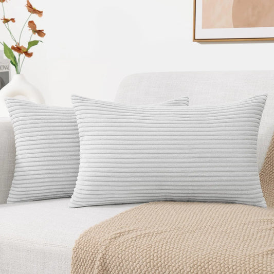 Mecatny Corduroy Decorative Throw Pillow Covers 12x20 Set of 2 for Sofa Bedroom Living Room Stylish Soft Striped Couch Pillow Covers for Home Decor Grey